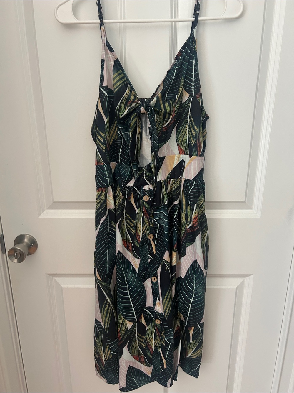Tropical Leaf Tie-Front Sundress - Green & Cream